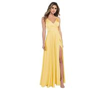 HYEC7 Women's Spaghetti Straps Satin Bridesmaid Dresses with Slit V Neck Long Satin Formal Prom Gowns Yellow