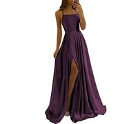 HYEC7 Women's Spaghetti Straps Satin Prom Dresses High Slit Backless Evening Gowns Long Bridesmaid Dress with Trailing
