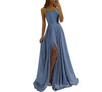 HYEC7 Women's Spaghetti Straps Satin Prom Dresses High Slit Backless Evening Gowns Long Bridesmaid Dress with Trailing Dusty Blue
