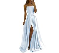 HYEC7 Women's Spaghetti Straps Satin Prom Dresses High Slit Backless Evening Gowns Long Bridesmaid Dress with Trailing Light Blue