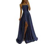 HYEC7 Women's Spaghetti Straps Satin Prom Dresses High Slit Backless Evening Gowns Long Bridesmaid Dress with Trailing Navy Blue