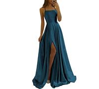 HYEC7 Women's Spaghetti Straps Satin Prom Dresses High Slit Backless Evening Gowns Long Bridesmaid Dress with Trailing