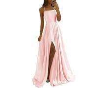 HYEC7 Women's Spaghetti Straps Satin Prom Dresses High Slit Backless Evening Gowns Long Bridesmaid Dress with Trailing Blush