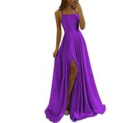 HYEC7 Women's Spaghetti Straps Satin Prom Dresses High Slit Backless Evening Gowns Long Bridesmaid Dress with Trailing Purple