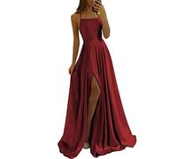 HYEC7 Women's Spaghetti Straps Satin Prom Dresses High Slit Backless Evening Gowns Long Bridesmaid Dress with Trailing Burgundy