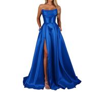HYEC7 Women's Strapless Satin Prom Dresses with Slit Long Elegant A Line Ball Gowns Wedding Evening Party Dress with Pockets Royal Blue