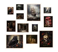 HyeeArt Dark Academia Decor, Victorian Gothic Home Decor, Vintage Goth Wall Decor for Bedroom, Moody Decor Wall Art Prints for Wall, Raven Skull Posters for Room Aesthetic, Witchy Halloween Decor