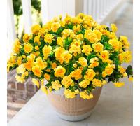 HyeFlora Artificial Fake Flowers Plants for Spring Outdoor Outside Decor, Faux Silk Yellow Camellia UV Resistant Realistic for Planter Front Door Porch Patio Balcony Decoration, 3 Large Bundles