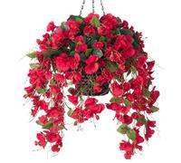 HyeFlora Artificial Fake Flowers Plants with Hanging Baskets for Outdoor, Faux Silk Hibiscus Flower in Pot Planter UV Resistant for Home Porch Outside Garden Yard Patio Decoration, Red