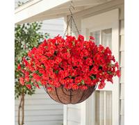 HyeFlora Artificial Fake Hanging Flowers for Outdoors Baskets Spring Decor, Faux Hanging Plants Outside Silk Morning Glory in Planter Look Real UV Resistant for Outdoor Porch Patio Garden Home, Red