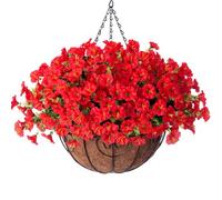 HyeFlora Artificial Fake Hanging Flowers for Outdoors Baskets Spring Decor, Faux Hanging Plants Outside Silk Morning Glory in Planter Look Real UV Resistant for Outdoor Porch Patio Garden Home, Red