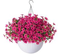 HyeFlora Artificial Faux Hanging Flowers Plants Basket for Outdoor Outside Porch Spring Decoration, Fake Silk Hotpink Daisy UV Resistant Look Real in Planter for Home Patio Balcony Garden