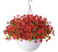 HyeFlora Artificial Faux Hanging Flowers Plants with Basket, Fake Silk Red Daisy with Eucalyptus Leaves in Pot Planter for Outdoor Porch Patio Indoor Garden Yard Home Decoration