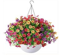 HyeFlora Artificial Faux Hanging Plants Flowers Basket for Outdoor Outside Spring Summer Decoration, Fake Silk UV Sun Resistant Realistic Colorful Daisy for Porch Patio Balcony Home