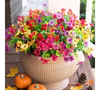 HyeFlora Artificial Flowers for Outdoor Indoor Garden Home Decoration, Faux Flower Daisy Eucalyptus Leaves Fake Plants Greenery Boxwood Porch, 12 Bundles (Pink Red Purple Yellow) Bakset Not Included
