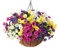 HyeFlora Artificial Hanging Flowers Faux Plants Basket for Outdoors Spring Decor, Fake Silk Morning Glory with Eucalyptus in Planter UV Resistant Outdoor Flowers for Outside Porch Patio Garden Home