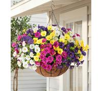 HyeFlora Artificial Hanging Flowers Faux Plants Basket for Outdoors Spring Decor, Fake Silk Morning Glory with Eucalyptus in Planter UV Resistant Outdoor Flowers for Outside Porch Patio Garden Home
