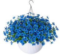 HyeFlora Artificial Hanging Flowers Plants with Basket, Fake Silk Blue Daisy with Eucalyptus Leaves in Pot Planter for Outdoor Porch Patio Indoor Garden Yard Home Decoration