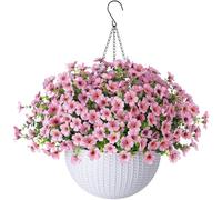 HyeFlora Artificial Hanging Flowers Plants with Basket, Fake Silk Pink Daisy with Eucalyptus Leaves in Pot Planter for Outdoor Porch Patio Indoor Garden Yard Home Decoration