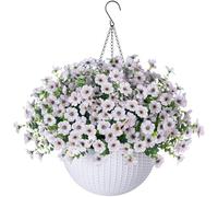 HyeFlora Artificial Hanging Flowers Plants with Basket, Fake Silk White Daisy with Eucalyptus Leaves in Pot Planter for Outdoor Porch Patio Indoor Garden Yard Home Decoration