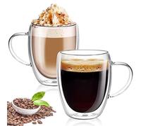 HYEIOL Double Walled Glass Mugs, 350ml Insulated Coffee Glass Cups with Handle, Borosilicate Heat Resistant Clear Mugs for Latte Cappuccino Espresso Milk Juice Ice Cream (2 Pack)