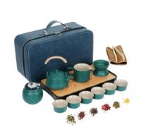 HYEIOL Japanese Ceramic Tea Set, 14Pcs Portable Chinese Tea Pot Set with Infuser/Cups/Tea Strainer for Tea Lovers, Complete with Travel Bag (Green)