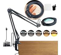 HYEIOL LED Magnifying Glass with Light,5 Color Modes 10 Brightness Dimmable Magnifying Lamp with Desk Clamp, 10X Lens,Adjustable Swivel Arm for Hobbies Craft Reading Work Sewing