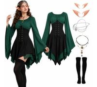 Hyelntu Fairy Elf Costume Women 6PCS Medieval Dress Renaissance Gothic Set | Esmeralda black dress, 2 pairs elf ears, headband, necklace, stockings, soft fabric, S to 2XL, Halloween, fairs,goth dresses