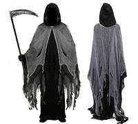 Hyelntu Grim Reaper Costume Adult Scary Ghost Tattered Robe Halloween Cosplay Medieval Wizard Death Cloak with Hood Scythe