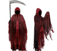 Hyelntu Grim Reaper Costume Adult Scary Ghost Tattered Robe Halloween Cosplay Medieval Wizard Death Cloak with Hood Scythe