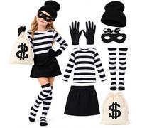 Hyelntu Kids Robber Costume 6PCS Halloween Bank Burglar Outfits Thief Set | 6pcs set, soft fabric, black & white striped shirt, mask, gloves, money bags, M-XL, 3-12 Years, cosplay, parties, dress-up