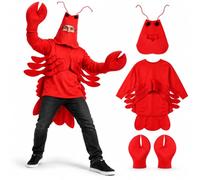 Hyelntu Lobster Costume Adult 4PCS Halloween Shrimp Outfits Headpiece Claws | 4-piece set, red lobster tunic, separate hood, claw gloves, polyester, realistic animal, cosplay, seafood parties, men women