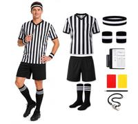 Hyelntu Mens Referee Costume 10PCS Referee Shirt Kit Halloween Cosplay | 10-piece set, polyester fabric, black & white stripes, S-XL, whistle, cards, record book, socks, Halloween, sports parties