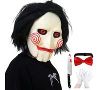 Hyelntu Scary Clown Mask Halloween Realistic Horror Killer Mask with Hair Gloves Bow Knife Latex Cosplay Costume Accessories (4PCS)