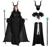 Hyelntu Witch Costume Women Halloween 4PCS Evil Queen Horn Cape Shawl Staff
