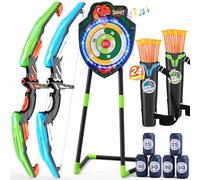 HYES 2 Pack Bow and Arrow for Kids, LED Light Up Dinosaur Archery Set with 24 Suction Cup Arrows, 1 Standing Glow Target, 6 Score Targets & 2 Quivers, Indoor Outdoor Toys Gifts for Boys Girls