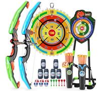 HYES 2 Pack Bow and Arrow with 29" Dart Board, LED Light Dinosaur Archery Set, 24 Suction Cup Arrows, 1 Standing Glow Target, 6 Score Targets & 2 Quivers, Indoor Outdoor Kids Toy Gifts for Girls Boys