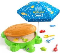 HYES Turtle Sandbox with Lid, Children's Outdoor Sandbox with Parasol, Beach Toys Sensory Tub Summer Games Indoor Outdoor Garden Gift for Boys Girls 3-5 Years