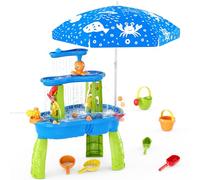 HYES Water Table for Toddlers 3-5, 3-Tier Kids Splash Sand Table Water Toys with Umbrella, Rain Showers Splash Pond for Outdoor Beach Backyard Summer, Activity Sensory Playset for Boys Girls, Blue
