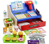 HYES Wooden Cash Register for Kids with Scanner, Calculator Till Toy for Toddlers, Pretend Play Toy with Toys Money/Coins/Credit Card/Shopping Basket/Pretend Food, Gift for Boys Girls Ages 4-8, Blue