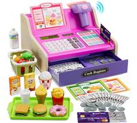 HYES Wooden Cash Register for Kids with Scanner Till Toy, Pink