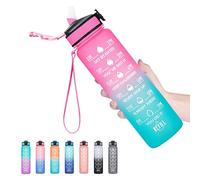 HYETA 32 OZ Water Bottle with Times to Drink and Straw Motivational Time Marker Water Bottles with Strap Leakproof & BPA Free 1 Liter Reusable Sports Water Bottle for Fitness Gym & Outdoors PinkGreen