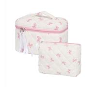 Hyfant 2Pcs Cotton Quilted Makeup Bag Cute Floral Cosmetic Bag With Zipper Portable Travel Toiletry Bag For Women Large Coquette Aesthetic Bag Makeup Organizer Fashion Gift For Travelers, Pink