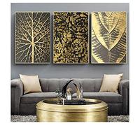 HYFBH 3 Panel Set Poster Canvas Painting Wall Art Prints Home Decor Pictures for Living Room Decoration Golden Art Abstract Leaf 60x90cm(24x35in) x3 With-Gold-Frame Ready to Hang