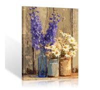 HYFBH Daisy Delphinium Rustic Floral Canvas Print Wall Art, Farmhouse Wildflower Pots Vase Bouquet Wall Decor for kitchen Living Room Bedroom Bathroom 12x16 Inch Ready to Hung