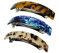 HYFEEL Large French Barrettes for Women Fine Thick Hair, Classic Tortoise Shell Hair Clips Wide Curved Celluloid Ponytail Holder Clamp Fashion Hair Accessories Automatic Clasp Hairgrips 3 Pack