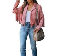 HYFEUOKF Fringe Top Women Fringed Hem Tassel Cardigan Crop TopsMotor Biker Jacket Leather Jacket Vintage Streetwear Coat Cool For Women(Pink,S)