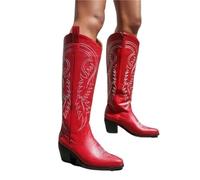 HYFEUOKF Women Rome Street Female Shoes Brown Red Black Embroidery Knee-high Chunky High Heels Western Cowboy Wide Boots(Color-01,5)