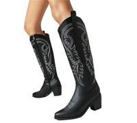 HYFEUOKF Women Rome Street Female Shoes Brown Red Black Embroidery Knee-high Chunky High Heels Western Cowboy Wide Boots(Color-02,9)