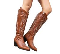 HYFEUOKF Women Rome Street Female Shoes Brown Red Black Embroidery Knee-high Chunky High Heels Western Cowboy Wide Boots(Color-03,7)